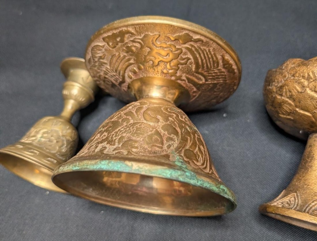 Large 10lb Vintage Brass Lot 17pc Asian Indian Decor Etched Dallah Tingsha Bells - 5