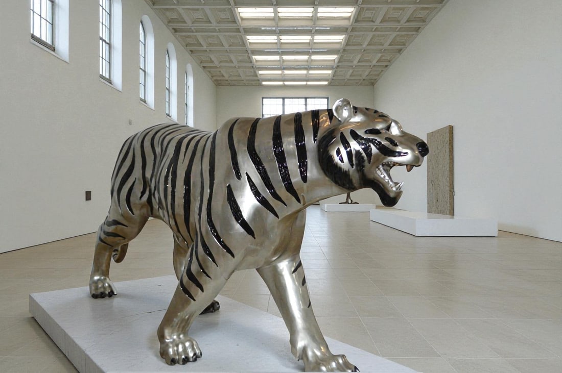 Tiger bronze statue with black and silver finish - Size: 80"L x 15"W x 34"H. - 4