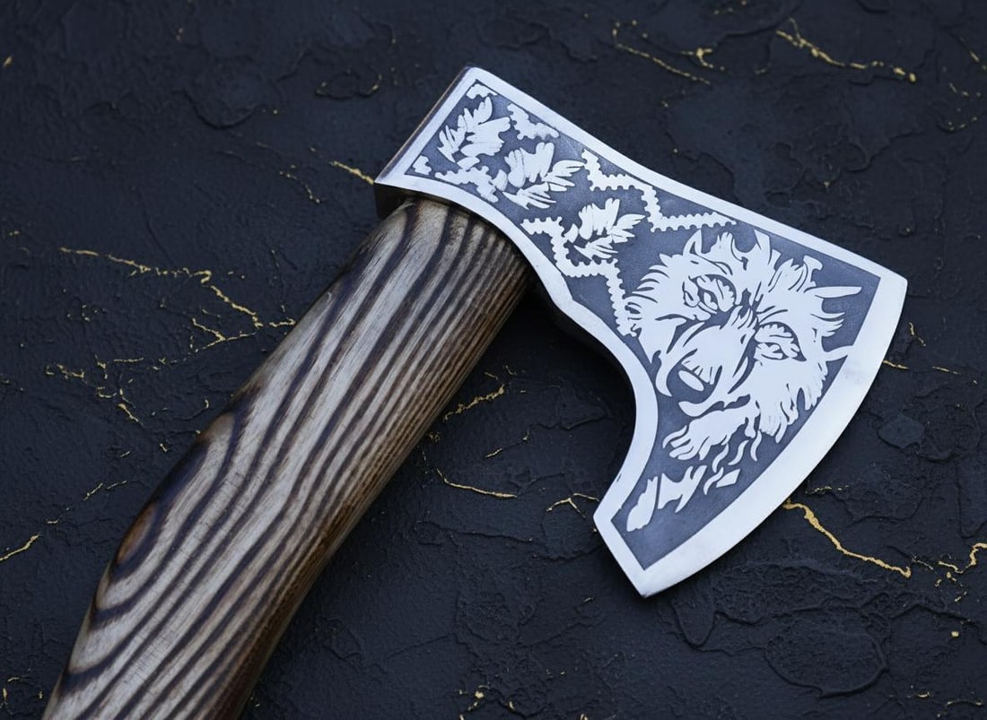 Hand Forged Viking Axe Tomahawk with Engraved Ash Wood Handle & Leather Sheath - 2