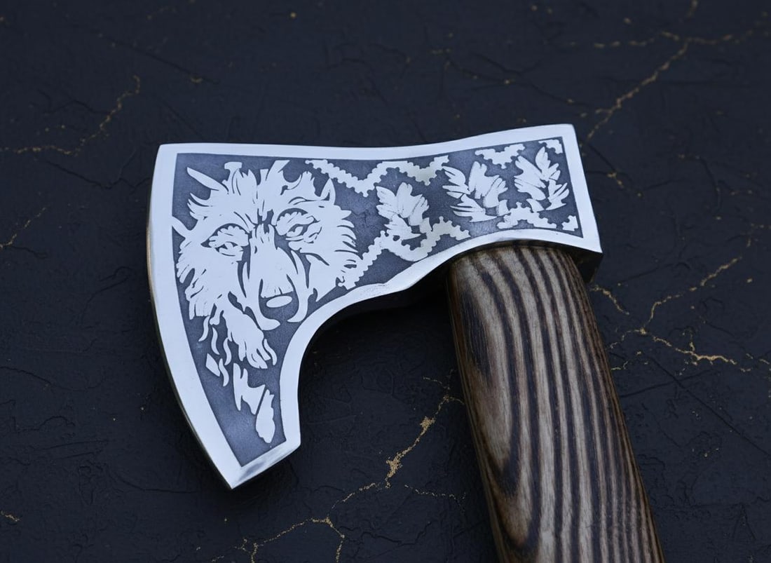 Hand Forged Viking Axe Tomahawk with Engraved Ash Wood Handle & Leather Sheath - 3