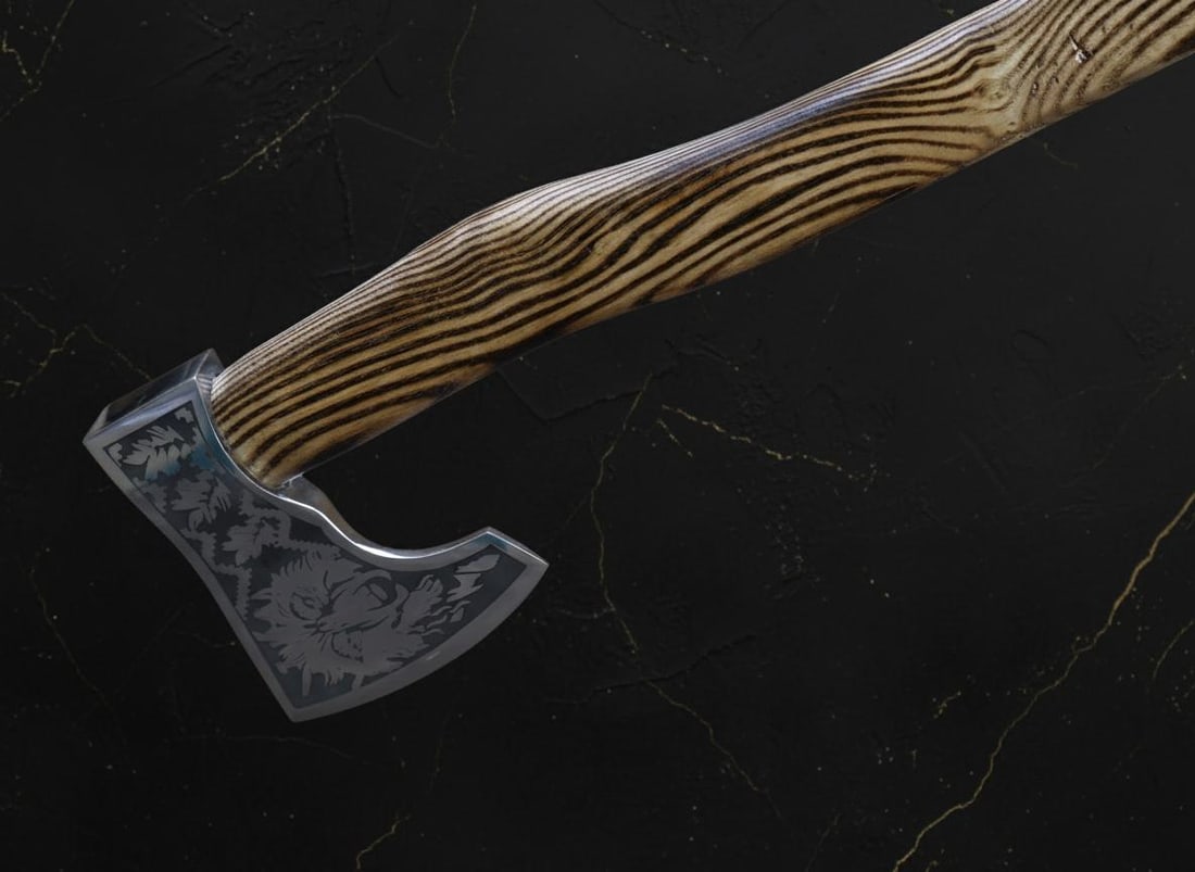 Hand Forged Viking Axe Tomahawk with Engraved Ash Wood Handle & Leather Sheath - 7