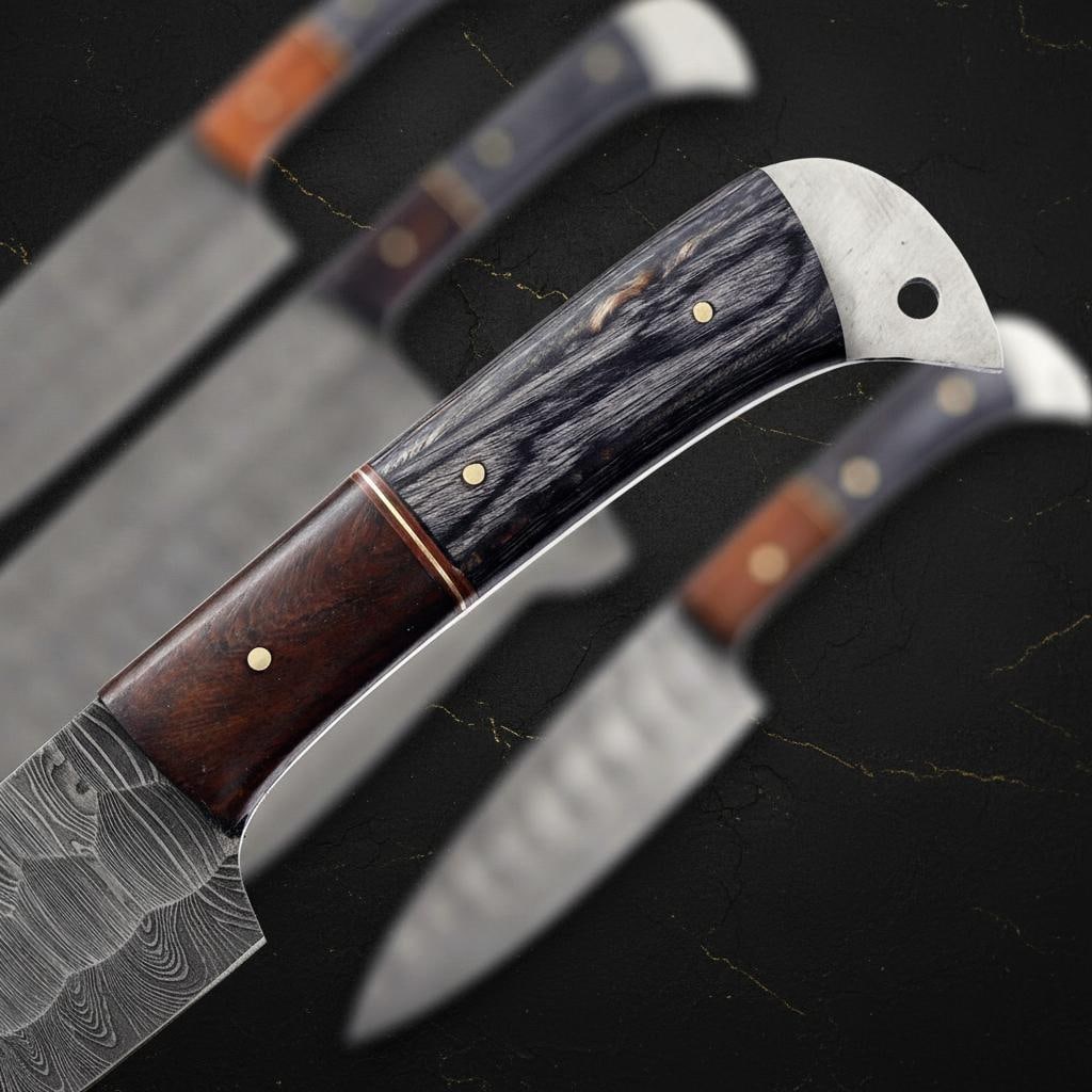 Custom Hand Forged Damascus Kitchen Knife Set, 5-Piece with Rosewood Handles - 3