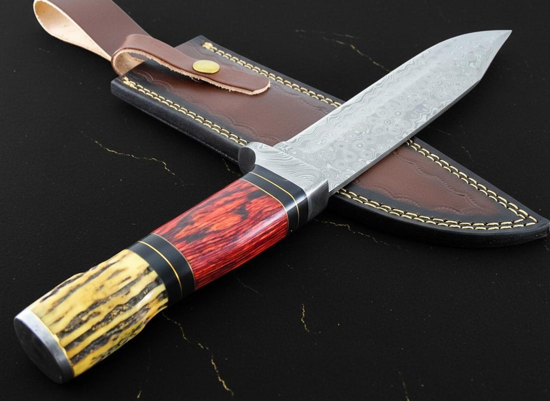 Custom Forged Damascus Steel Bowie Knife 13.5" with Stag Horn & Wood Handle for Hunting - 2