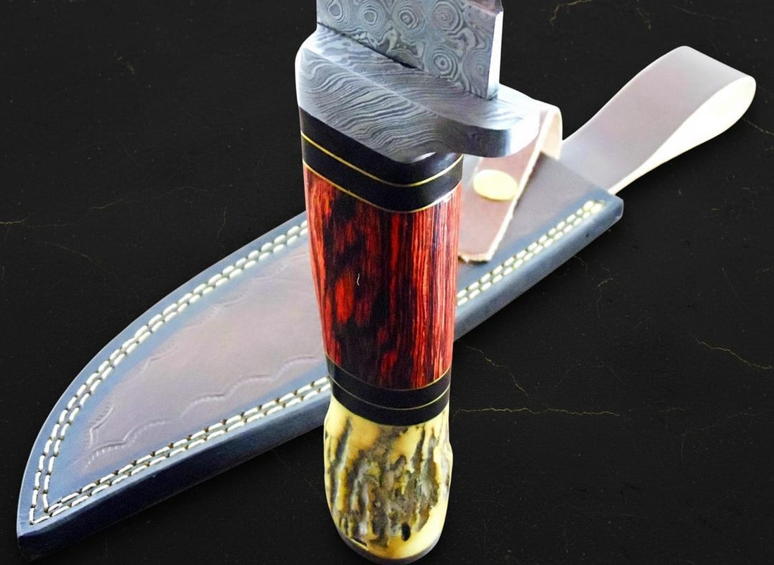 Custom Forged Damascus Steel Bowie Knife 13.5" with Stag Horn & Wood Handle for Hunting - 4