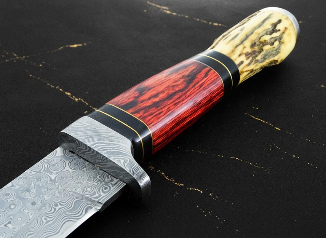 Custom Forged Damascus Steel Bowie Knife 13.5" with Stag Horn & Wood Handle for Hunting - 7