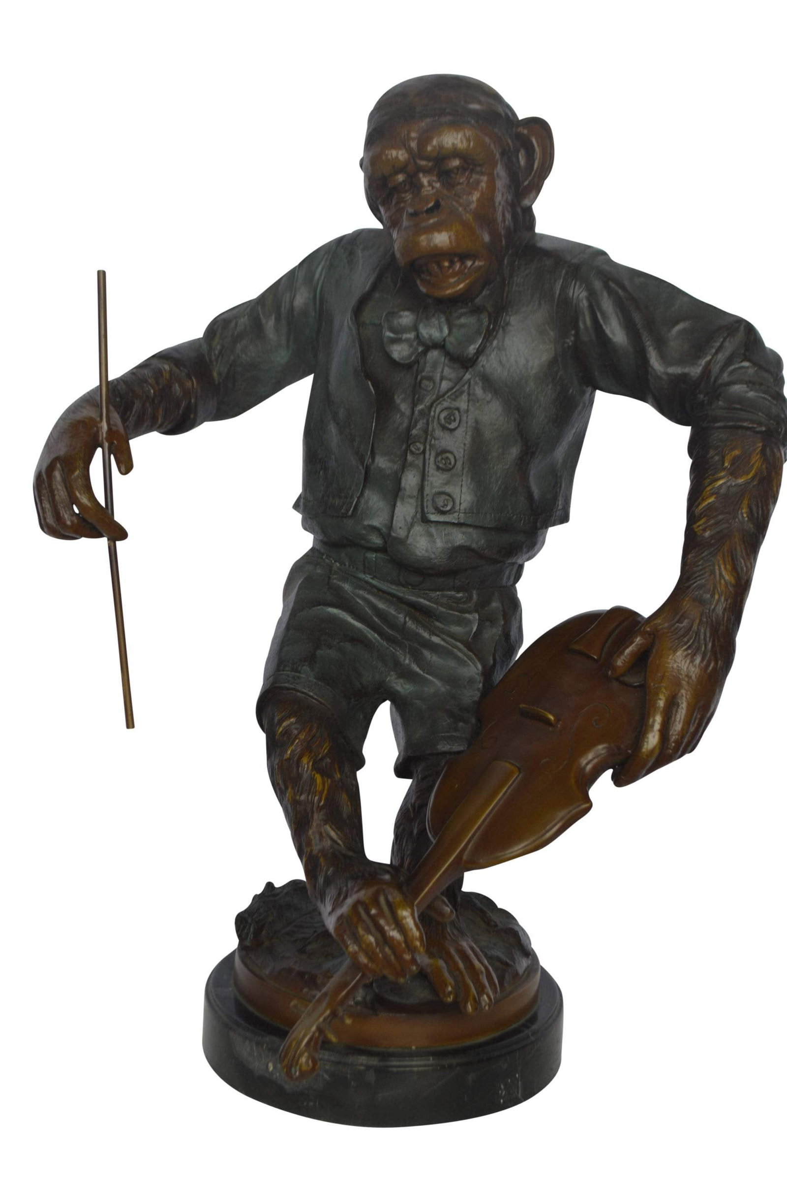 Monkey with Violin bronze statue - Size: 20"L x 17"W x 26"H: Title:Monkey with Violin bronze statue - Size: 20"L x 17"W x 26"H Description:This humorous bronze statue is of a monkey holding his favorite instrument, the violin. With talent in hand, this monkey i