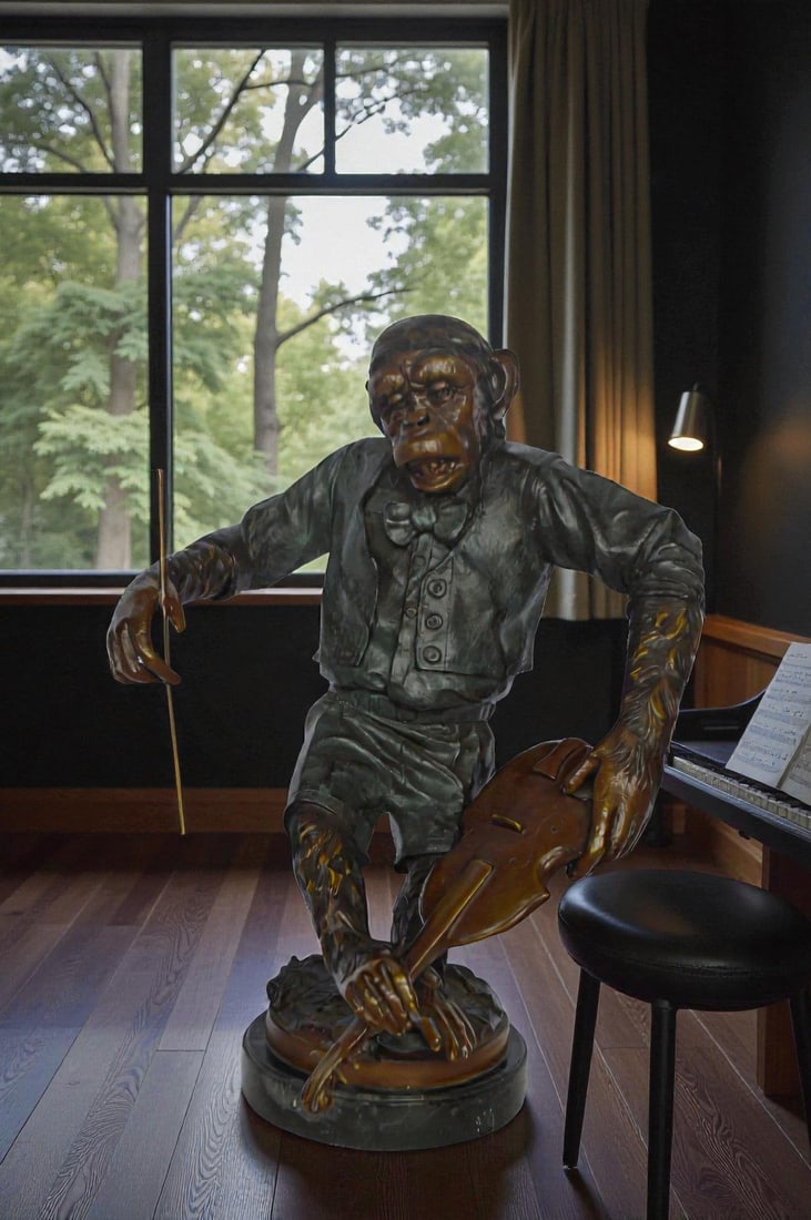 Monkey with Violin bronze statue - Size: 20"L x 17"W x 26"H - 2