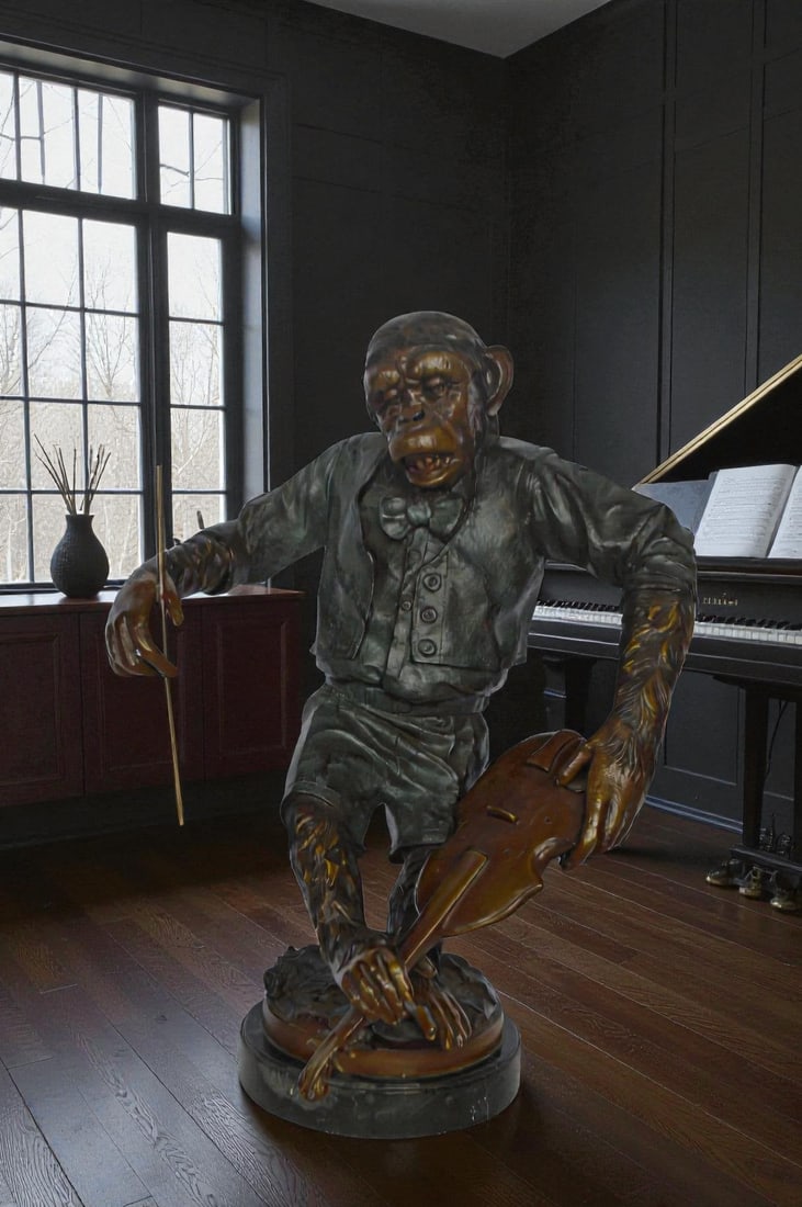 Monkey with Violin bronze statue - Size: 20"L x 17"W x 26"H - 3
