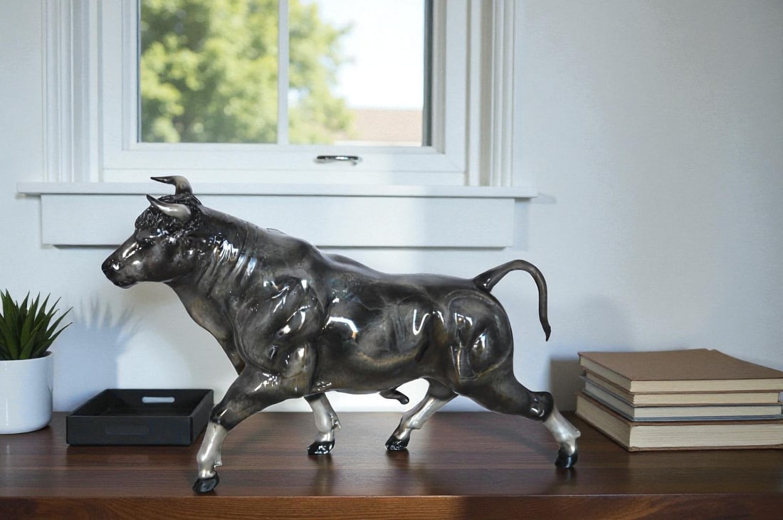 Trotting Bull Bronze Statue - Size: 13"L x 3"W x 10"H - 2
