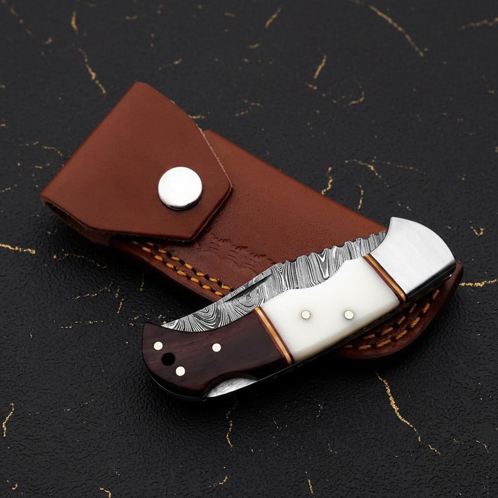 Hand Forged Damascus Steel Pocket Knife with White Bone Handle & Brass Filework - 7
