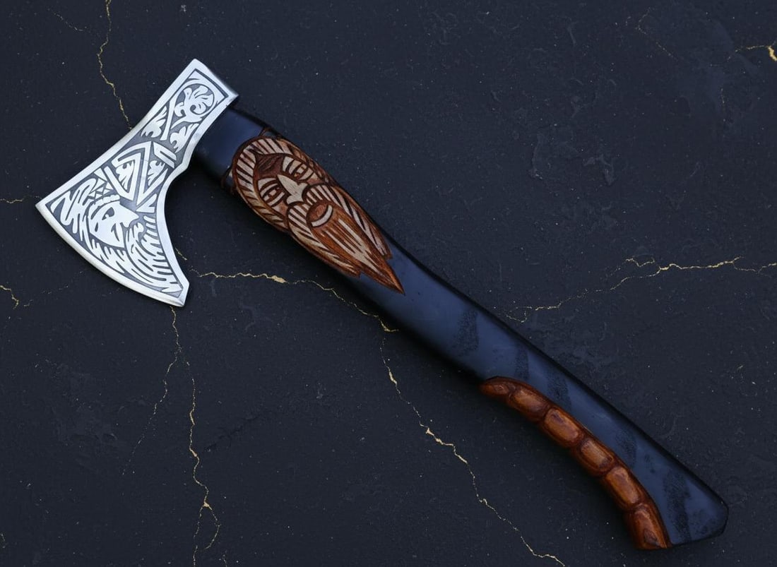 Handmade Viking Style Tomahawk Axe with Etched Carbon Steel Blade & Ash Handle: Title:Handmade Viking Style Tomahawk Axe with Etched Carbon Steel Blade & Ash HandleDescription:This listing is for a handmade, Viking-style tomahawk axe. It features a hand-forged high carbon steel
