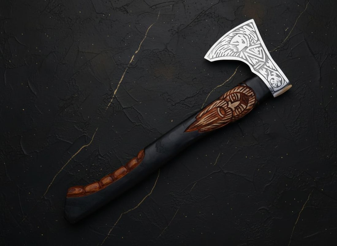 Handmade Viking Style Tomahawk Axe with Etched Carbon Steel Blade & Ash Handle - 4