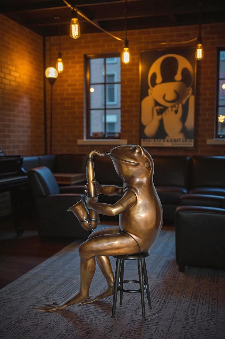 Frog playing saxophone bronze statue - Size: 23"L x 15"W x 30"H. - 2