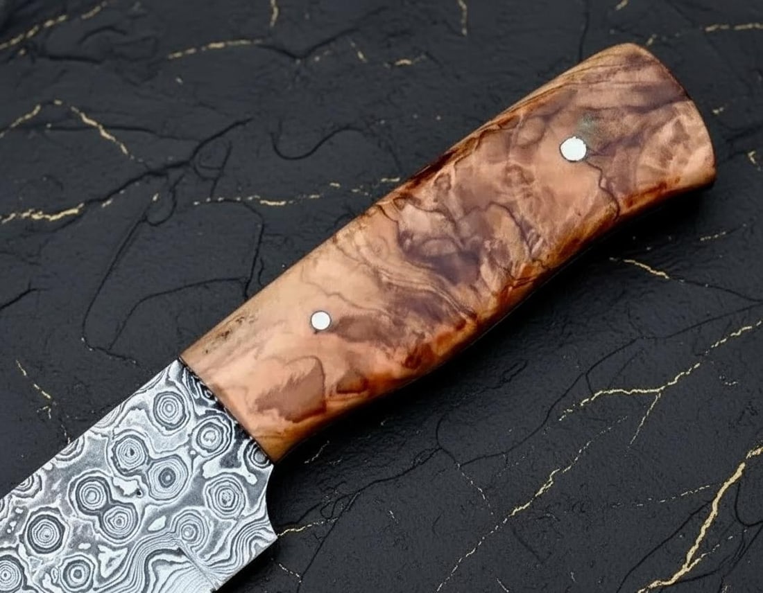 Hand Forged Rain Drop Damascus Steel Skinner Knife with Custom Wood Handle - 4