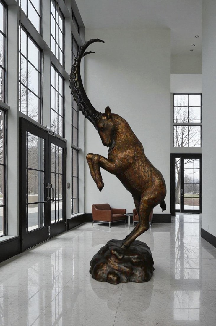 Mountain goat on hind legs bronze statue - Size: 36"L x 16"W x 66"H. - 2