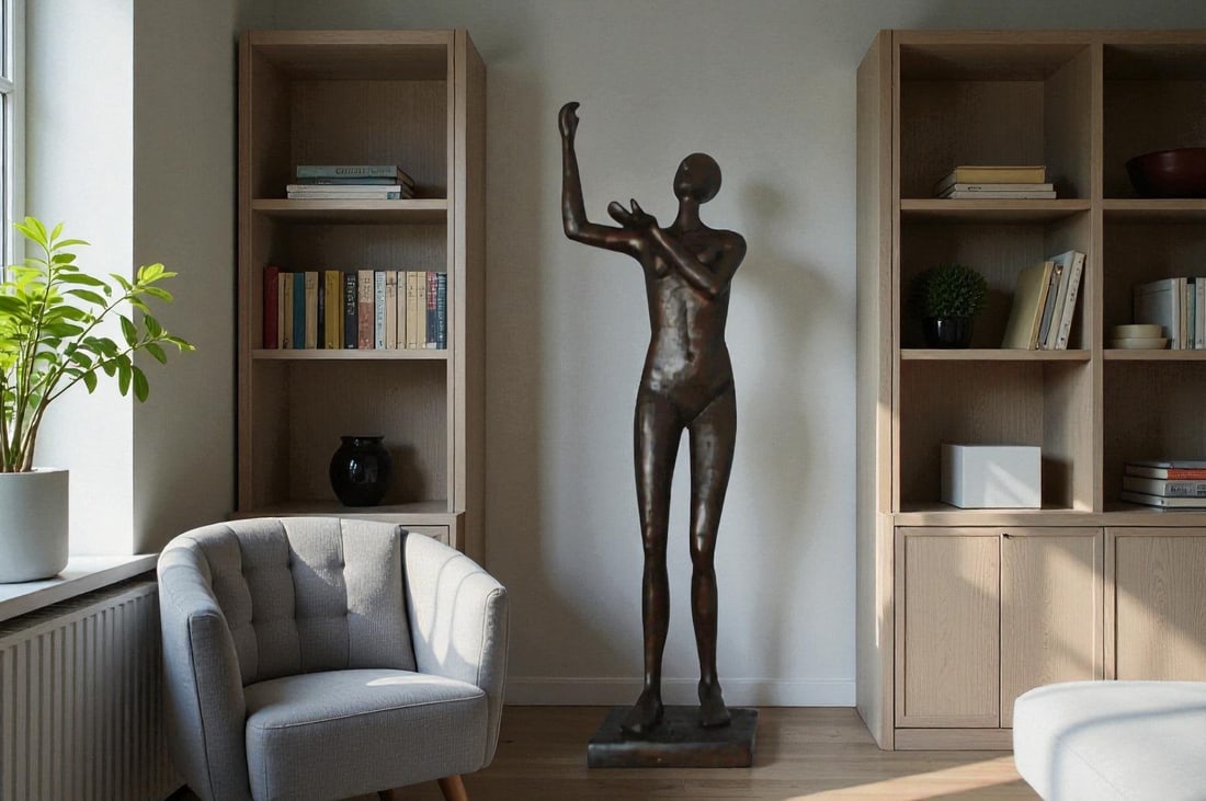 Abstract of Art nude lady lifting hand bronze statue - Size: 9"L x 6"W x 25"H. - 2
