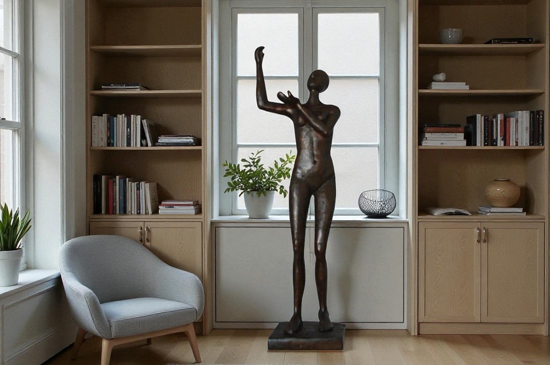 Abstract of Art nude lady lifting hand bronze statue - Size: 9"L x 6"W x 25"H. - 3