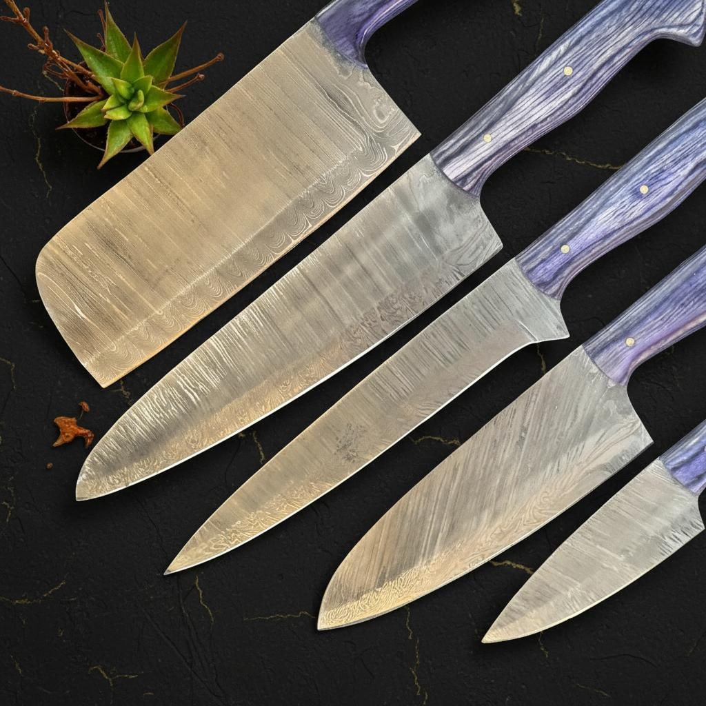 Handmade 5 Pc Damascus Steel Chef Knife Set Full Tang with Pakka Wood & Leather Sheath - 2