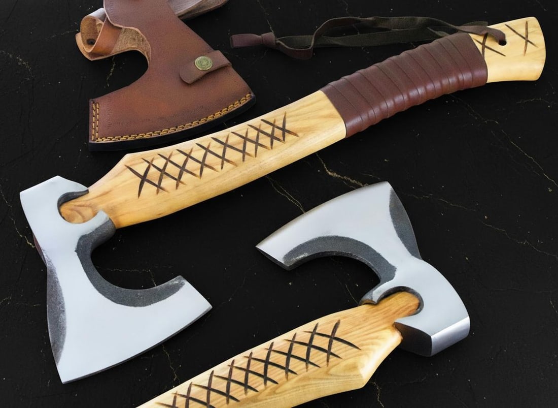 19" Hand Forged Carbon Steel Bearded Viking Axe Throwing Hatchet with Leather Sheath: Title:19" Hand Forged Carbon Steel Bearded Viking Axe Throwing Hatchet with Leather Sheath Description:Discover this custom handmade, Viking style bearded axe, expertly forged for a distinctive and po