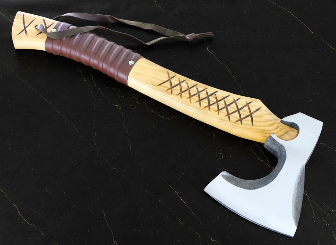19" Hand Forged Carbon Steel Bearded Viking Axe Throwing Hatchet with Leather Sheath - 3
