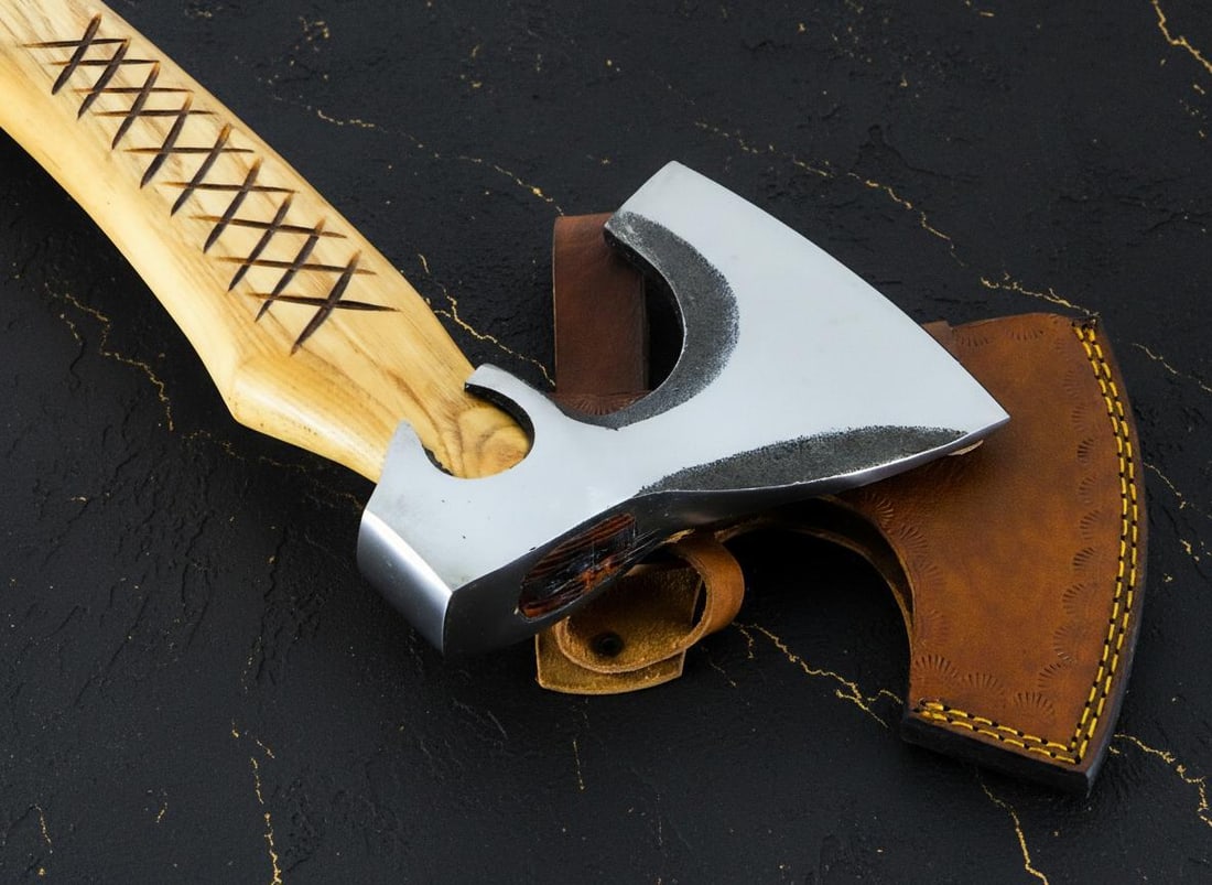 19" Hand Forged Carbon Steel Bearded Viking Axe Throwing Hatchet with Leather Sheath - 5