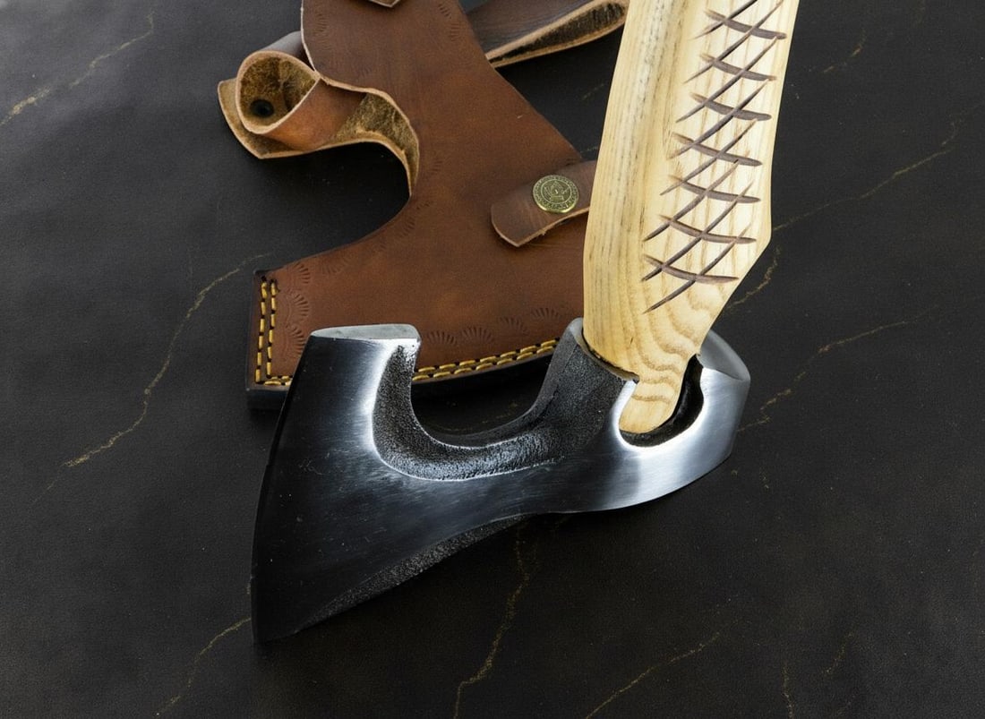 19" Hand Forged Carbon Steel Bearded Viking Axe Throwing Hatchet with Leather Sheath - 6