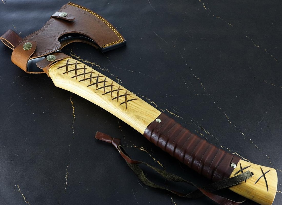 19" Hand Forged Carbon Steel Bearded Viking Axe Throwing Hatchet with Leather Sheath - 7