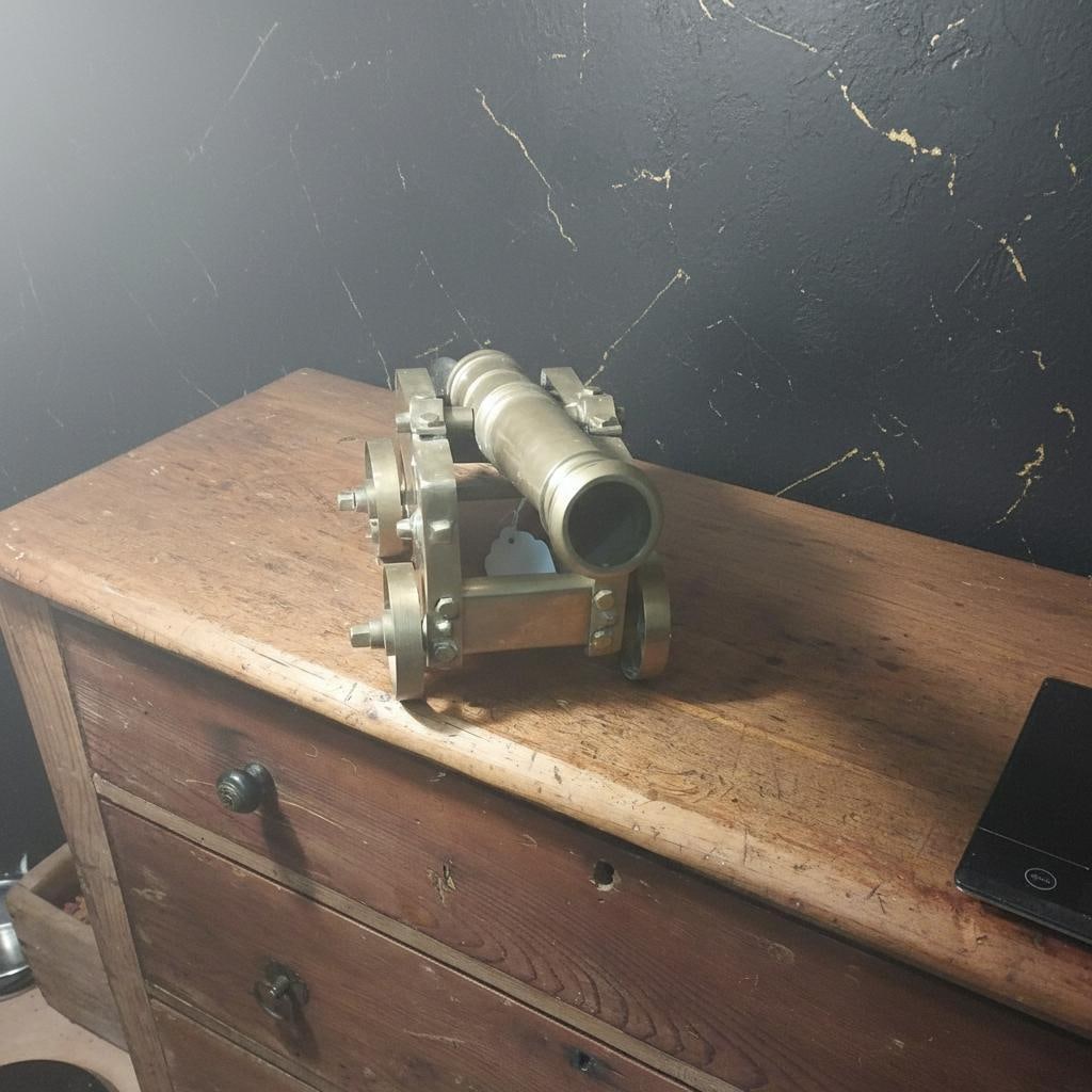 Solid Brass 15" Cannon Figurine on 4 Wheel Carriage Vintage Military Style Decor - 2