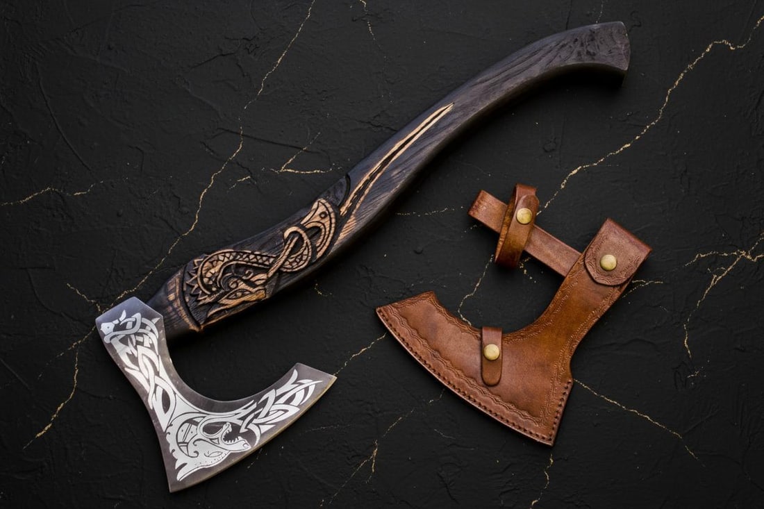 Handmade Carbon Steel Viking Axe Bearded Throwing Hatchet with Leather Sheath - 2