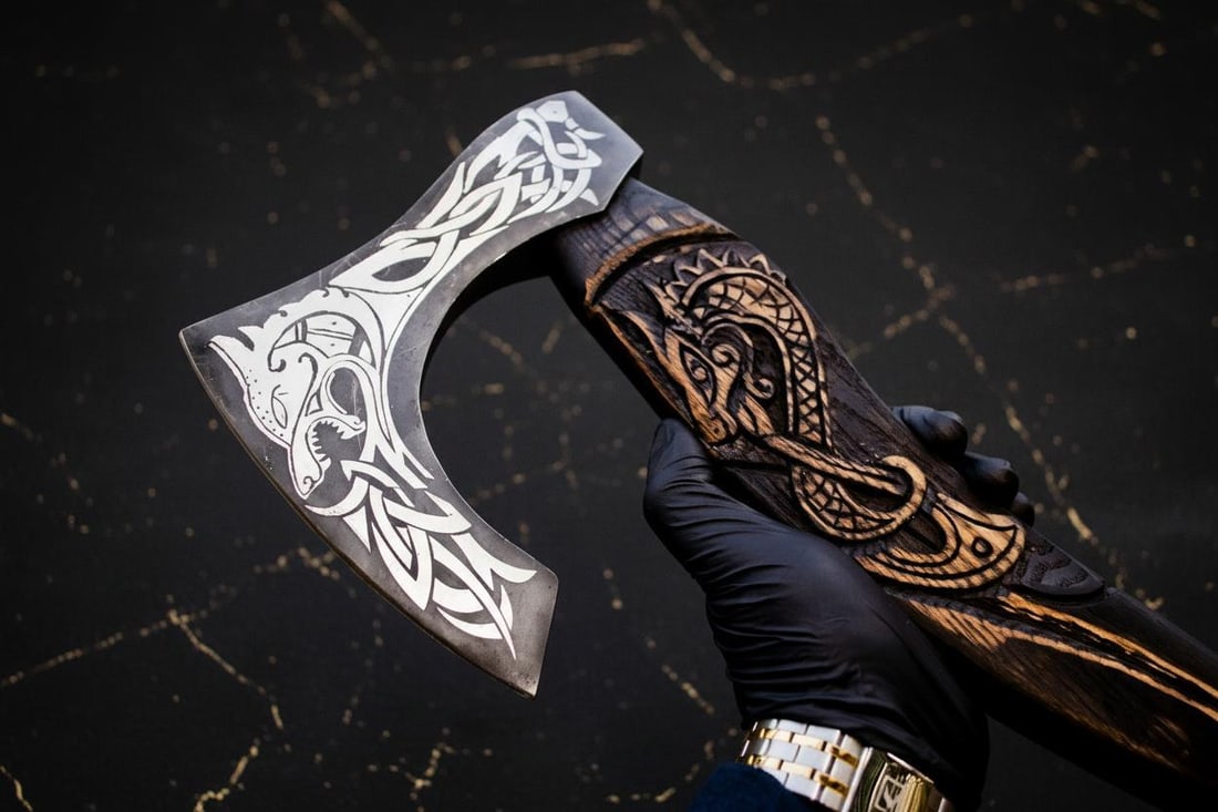 Handmade Carbon Steel Viking Axe Bearded Throwing Hatchet with Leather Sheath - 7