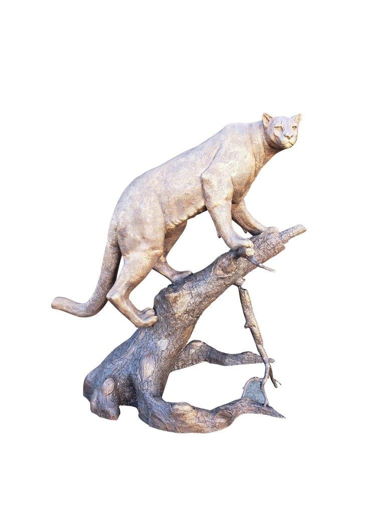 Mountain Lion Going Up a Tree Log Bronze Statue - Size: 42"L x 65"W x 69"H.: Title:Mountain Lion Going Up a Tree Log Bronze Statue - Size: 42"L x 65"W x 69"H.Description:This Life-size jungle Mountain Lion ready to pounce, facing us, is perched on a log. He is clearly ready