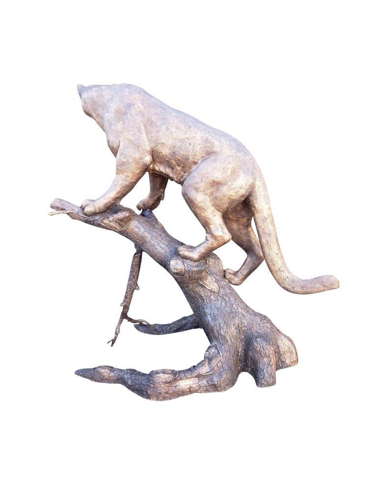 Mountain Lion Going Up a Tree Log Bronze Statue - Size: 42"L x 65"W x 69"H. - 2