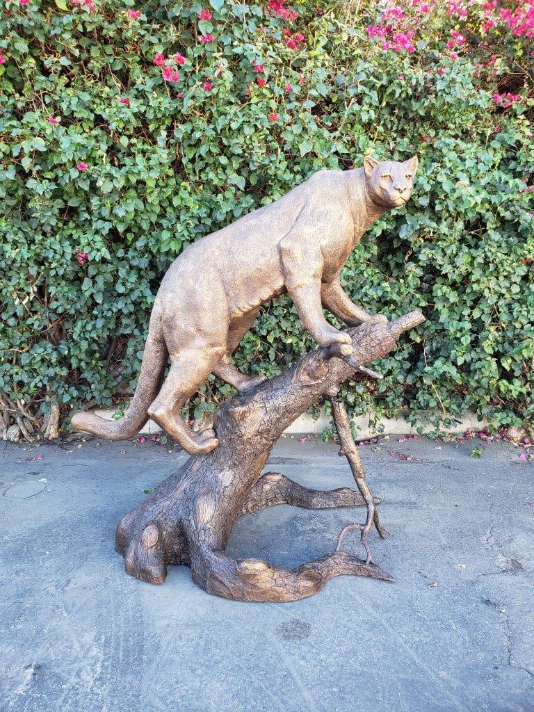 Mountain Lion Going Up a Tree Log Bronze Statue - Size: 42"L x 65"W x 69"H. - 3