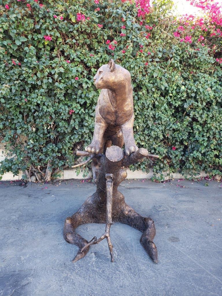 Mountain Lion Going Up a Tree Log Bronze Statue - Size: 42"L x 65"W x 69"H. - 5
