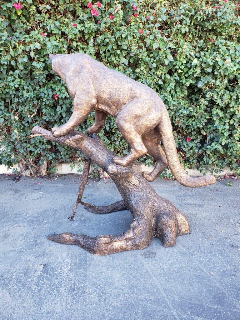 Mountain Lion Going Up a Tree Log Bronze Statue - Size: 42"L x 65"W x 69"H. - 6