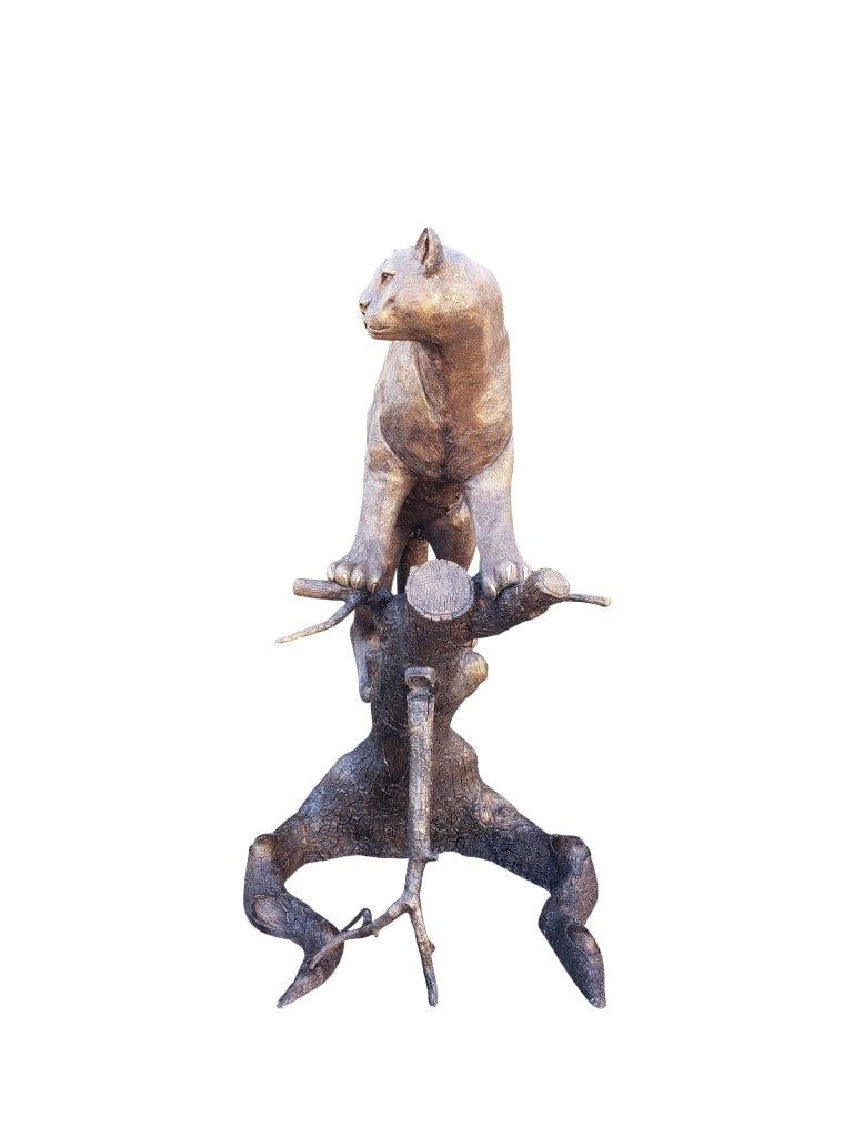 Mountain Lion Going Up a Tree Log Bronze Statue - Size: 42"L x 65"W x 69"H. - 8
