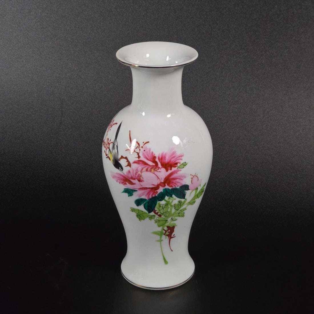 Chinese Calligraphy & Floral Bird Vase 8" Hand-Painted Porcelain Asian Art (1 of 5)