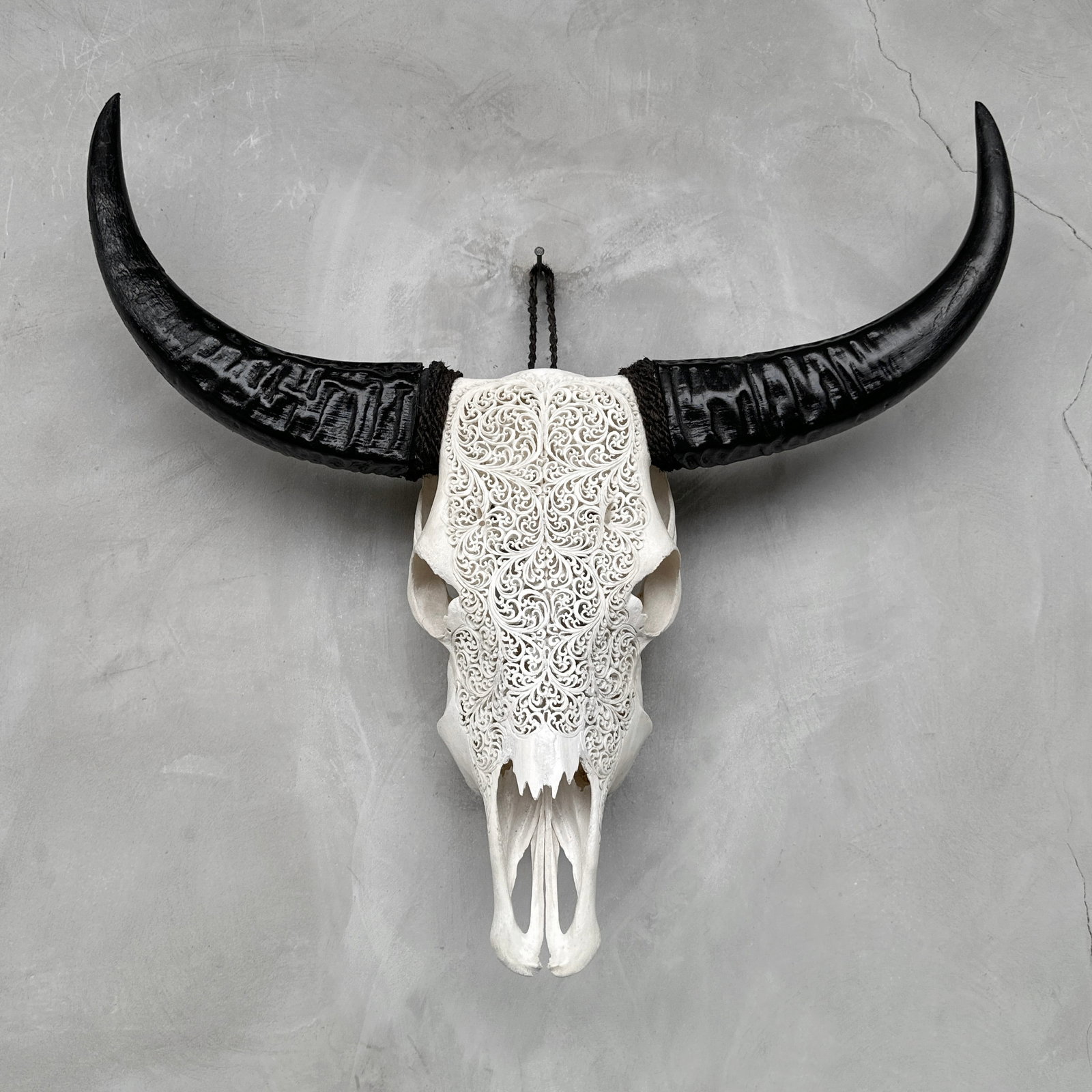 White carved buffalo skull - Fern motif - 9