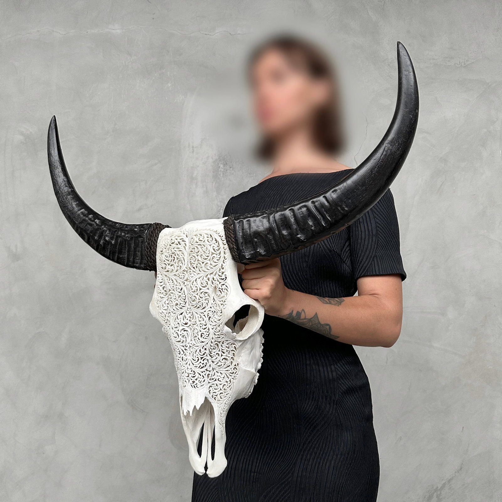 White carved buffalo skull - Fern motif - 2