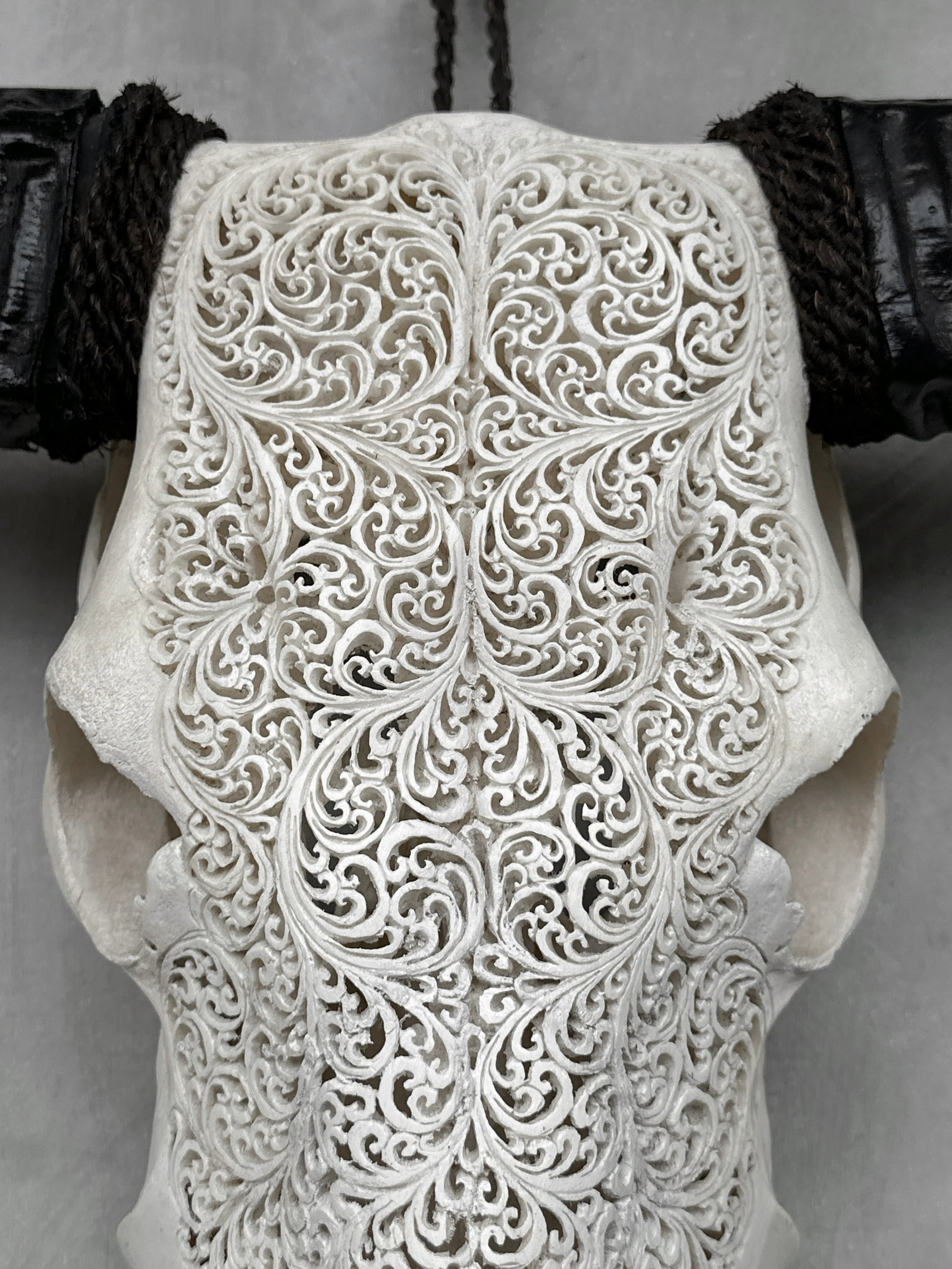 White carved buffalo skull - Fern motif - 3