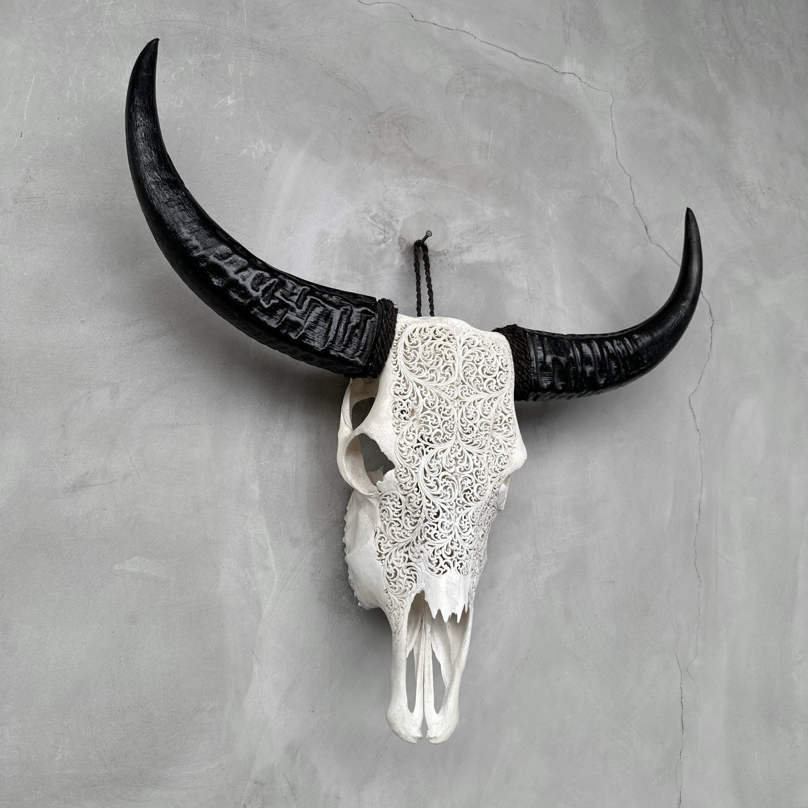 White carved buffalo skull - Fern motif - 5