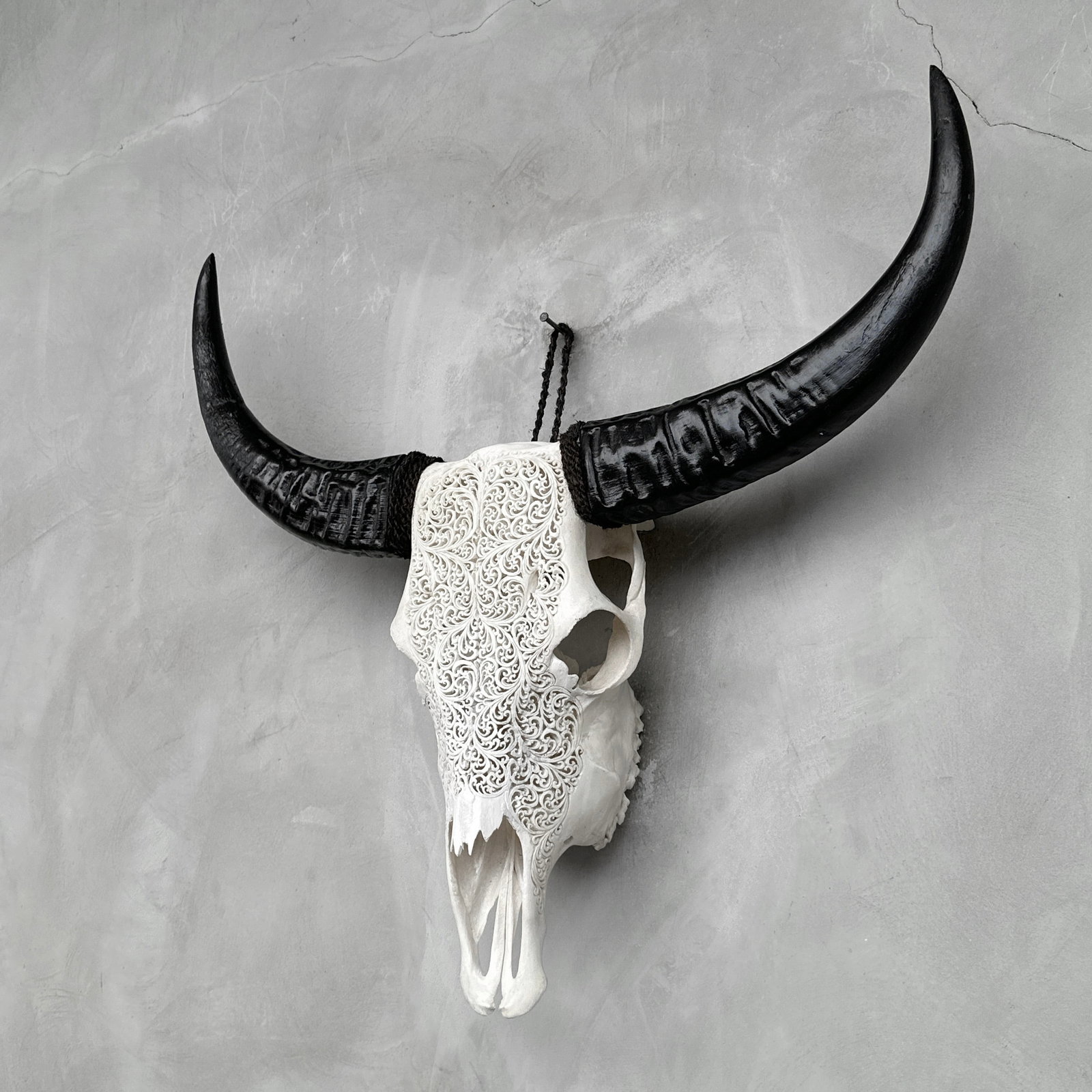 White carved buffalo skull - Fern motif - 7