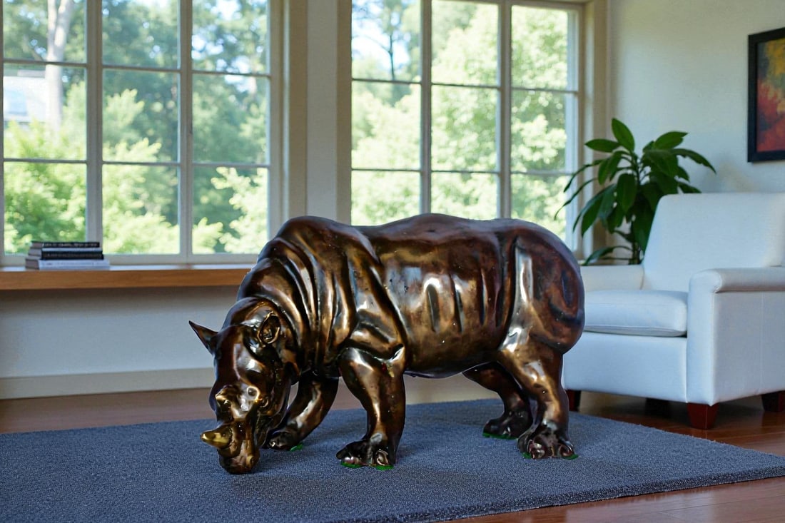 Relaxed Rhino bronze statue - Size: 16"L x 9"W x 8"H. - 2