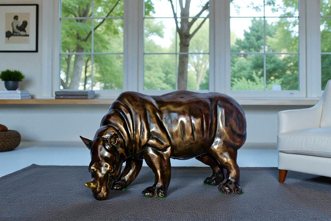 Relaxed Rhino bronze statue - Size: 16"L x 9"W x 8"H. - 3