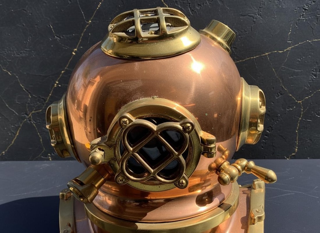 Vintage Copper and Brass Diving Helmet, 10 Inch Nautical Statue Decor Piece - 2
