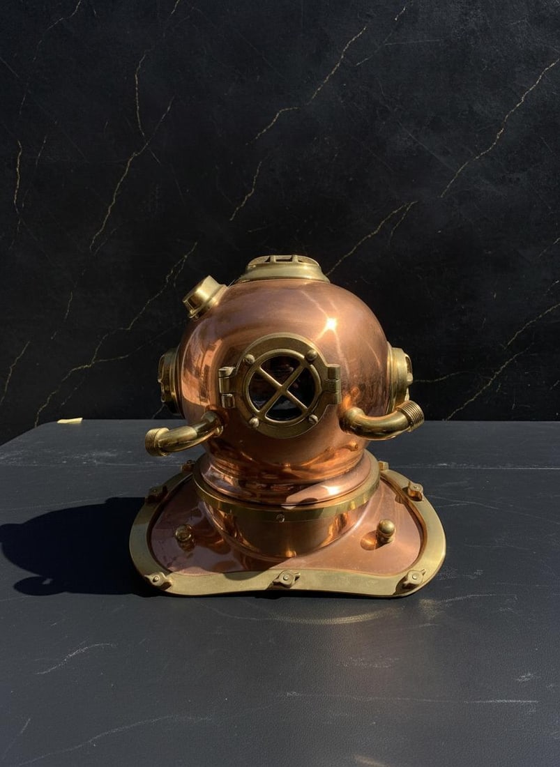 Vintage Copper and Brass Diving Helmet, 10 Inch Nautical Statue Decor Piece - 4