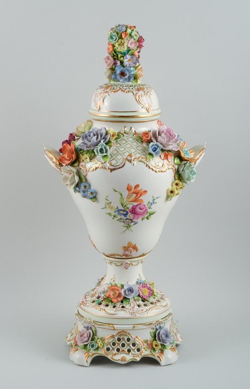 Dresden, Germany. Colossal lidded porcelain vase on stand. Lavishly decorated with flowers in (1 of 9)