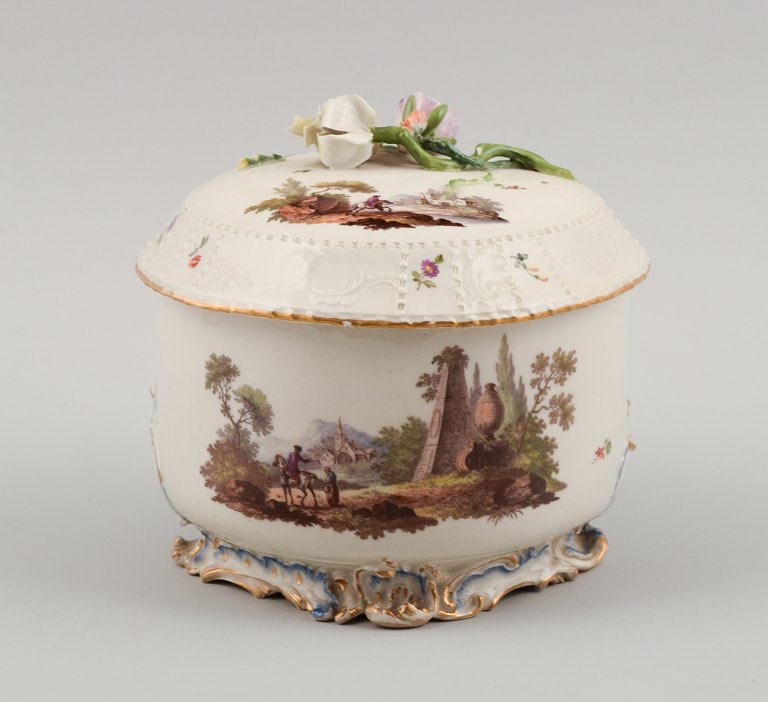 Louisbourg, Germany. 18th century large sugar bowl, hand painted with landscape scenes, lid with (1 of 5)