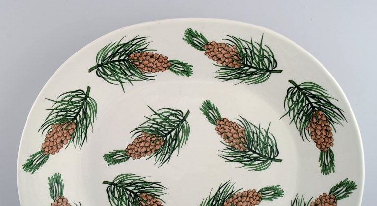 Oval Arabia dish in glazed stoneware with hand-painted fir cones. Finnish design. Dated 1972. (1 of 3)