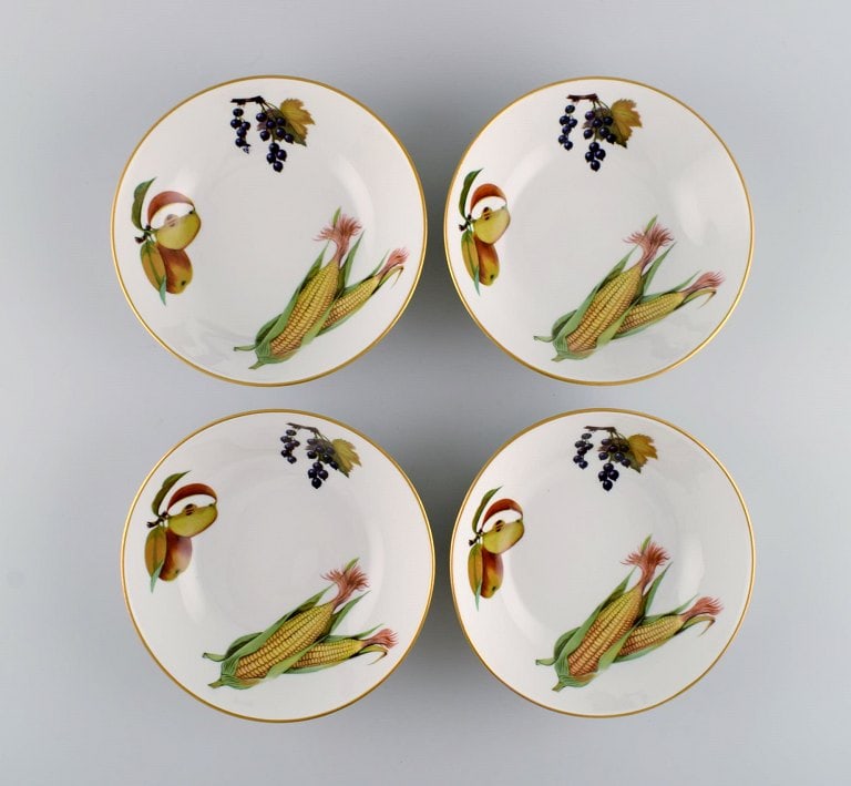 Royal Worcester, England. Four Evesham porcelain bowls decorated with fruits and gold rim. 1980s. (1 of 6)